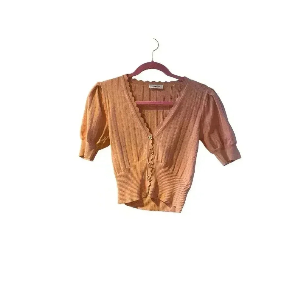 Sandro Passiflore Pointelle Short Sleeve Cardigan Salmon/Pink Size xs/s/1 - Picture 8 of 15